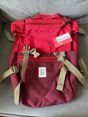 Topo Designs Two-Tone Red and Burgundy Roll-Top Backpack